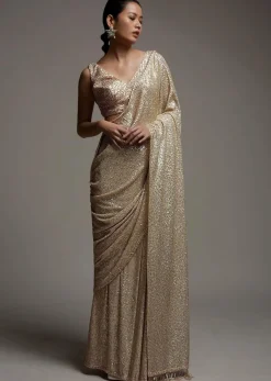 Gold Beige Saree Embellished In Sequins With Fringes On The Pallu And Unstitched Blouse