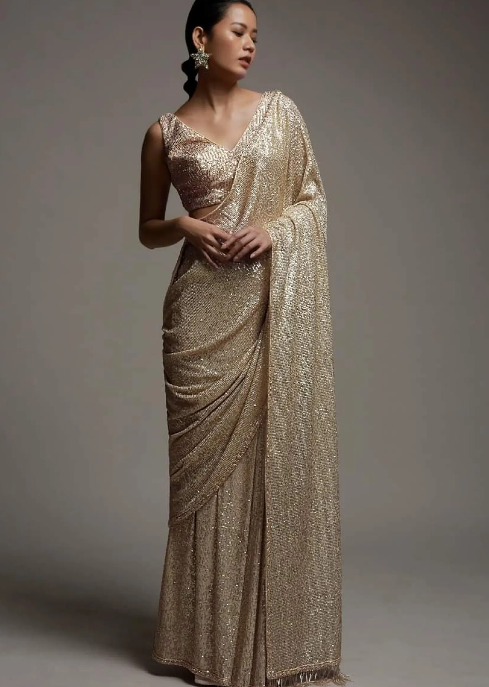 Gold Beige Saree Embellished In Sequins With Fringes On The Pallu And Unstitched Blouse