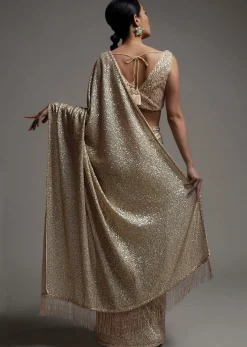 Gold Beige Saree Embellished In Sequins With Fringes On The Pallu And Unstitched Blouse