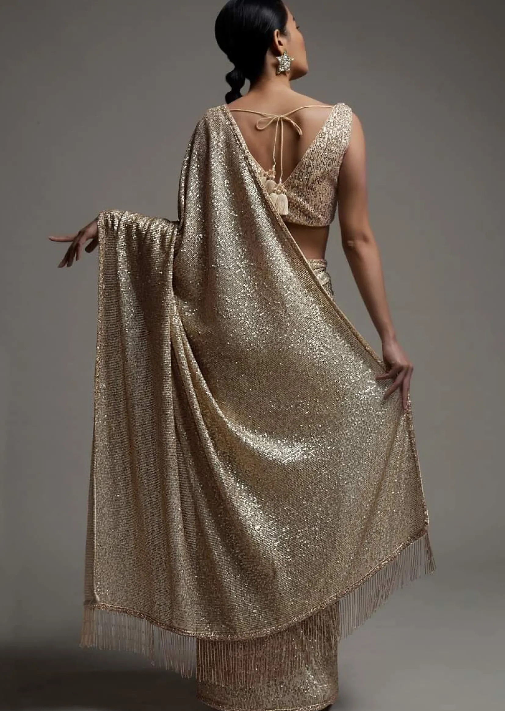 Gold Beige Saree Embellished In Sequins With Fringes On The Pallu And Unstitched Blouse
