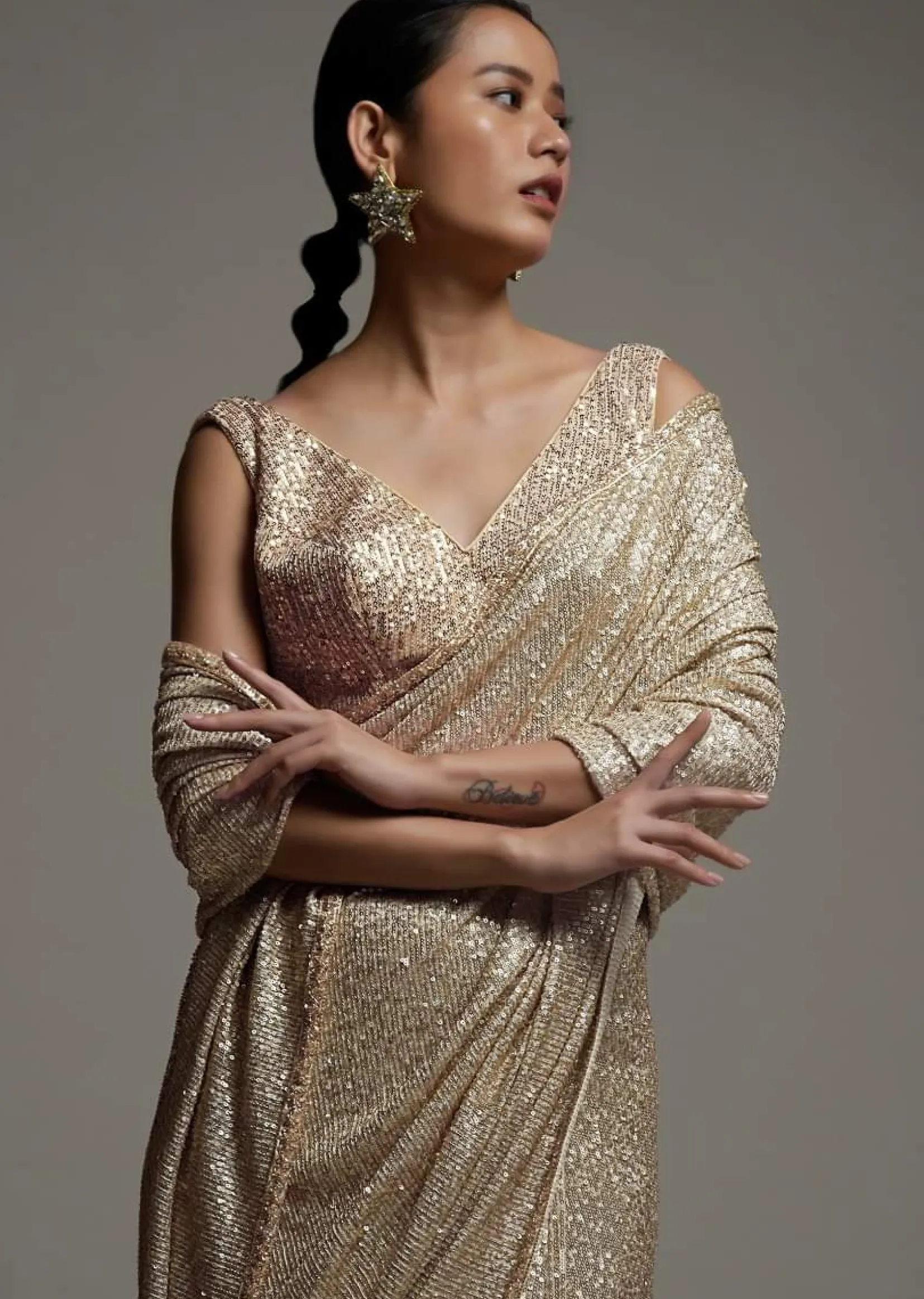 Gold Beige Saree Embellished In Sequins With Fringes On The Pallu And Unstitched Blouse