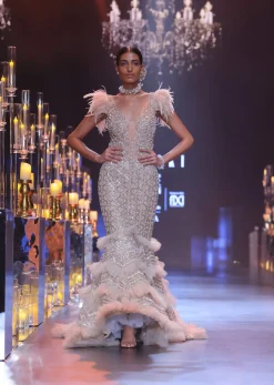 Gold Bodycon Gown With Layered Detail And 3D Feathers