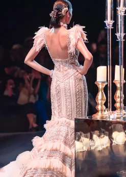 Gold Bodycon Gown With Layered Detail And 3D Feathers