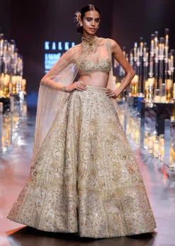 Gold Bridal Lehenga Set With Floral Motifs And Sequin Embroidery
