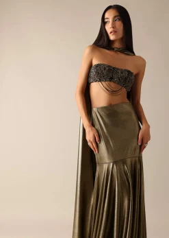 Gold Chain Tassel Blouse And Fishcut Draped Lehenga Set