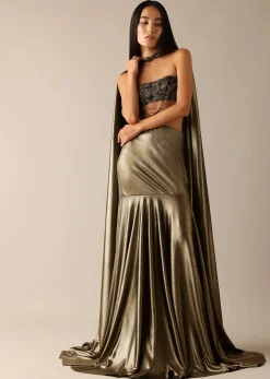 Gold Chain Tassel Blouse And Fishcut Draped Lehenga Set