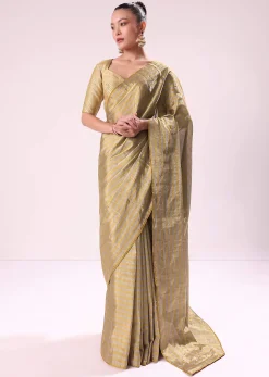 Gold Chanderi Tissue Saree With Pipe Finish Stitched Blouse