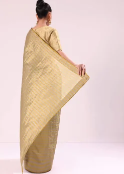 Gold Chanderi Tissue Saree With Pipe Finish Stitched Blouse