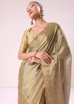 Gold Chanderi Tissue Saree With Pipe Finish Stitched Blouse