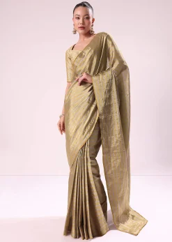 Gold Chanderi Tissue Saree With Pipe Finish Stitched Blouse