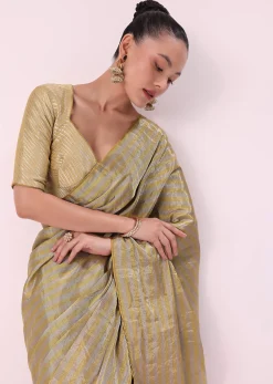 Gold Chanderi Tissue Saree With Pipe Finish Stitched Blouse