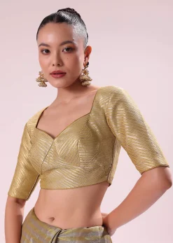 Gold Chanderi Tissue Saree With Pipe Finish Stitched Blouse