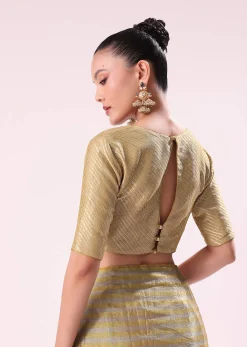 Gold Chanderi Tissue Saree With Pipe Finish Stitched Blouse