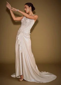 Gold Corset Embellished Gown With Sheer Drape And 3D Floral Detailing