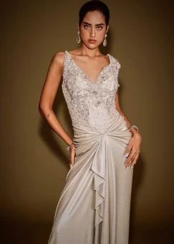 Gold Corset Embellished Gown With Sheer Drape And 3D Floral Detailing