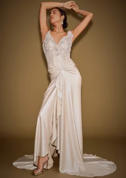 Gold Corset Embellished Gown With Sheer Drape And 3D Floral Detailing
