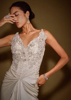 Gold Corset Embellished Gown With Sheer Drape And 3D Floral Detailing
