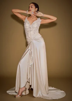 Gold Corset Embellished Gown With Sheer Drape And 3D Floral Detailing