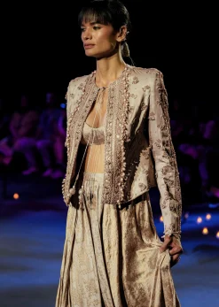 Gold Cowl Dhoti Drape Skirt With Heavy Embroidered Jacket