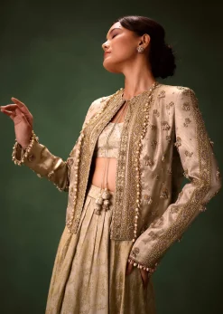 Gold Cowl Dhoti Drape Skirt With Heavy Embroidered Jacket