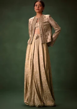 Gold Cowl Dhoti Drape Skirt With Heavy Embroidered Jacket