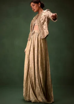 Gold Cowl Dhoti Drape Skirt With Heavy Embroidered Jacket