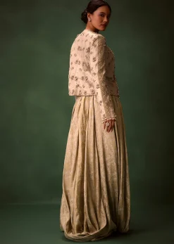 Gold Cowl Dhoti Drape Skirt With Heavy Embroidered Jacket