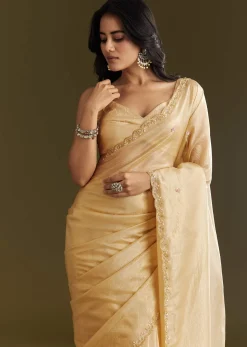 Gold Crushed Tissue Saree With Floral Embroidery And Scallop Border