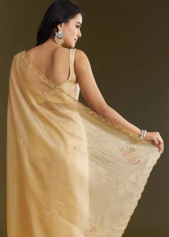 Gold Crushed Tissue Saree With Floral Embroidery And Scallop Border