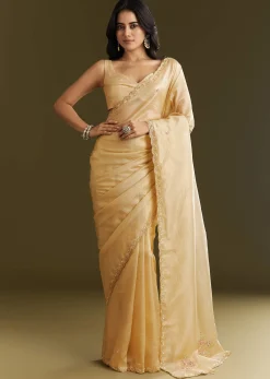 Gold Crushed Tissue Saree With Floral Embroidery And Scallop Border