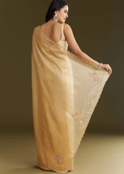 Gold Crushed Tissue Saree With Floral Embroidery And Scallop Border
