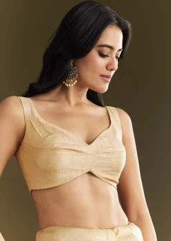 Gold Crushed Tissue Saree With Floral Embroidery And Scallop Border