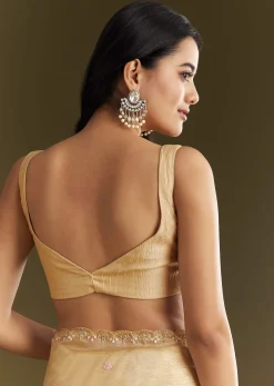 Gold Crushed Tissue Saree With Floral Embroidery And Scallop Border