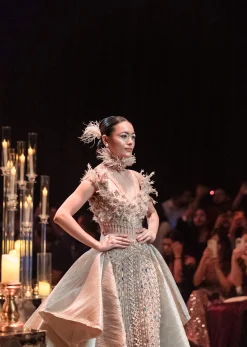 Gold Draped Gown With Trail Detail And Heavy Embroidery