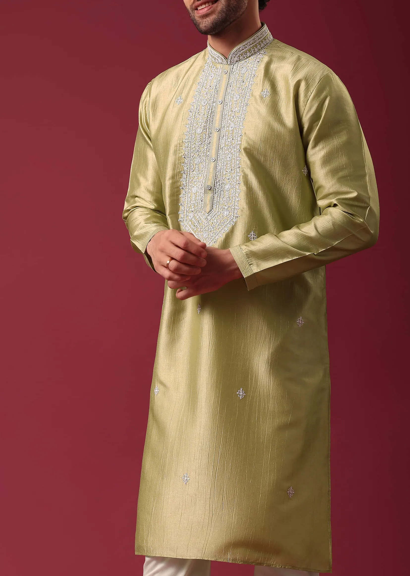 Gold Embroidered Kurta Set In Silk