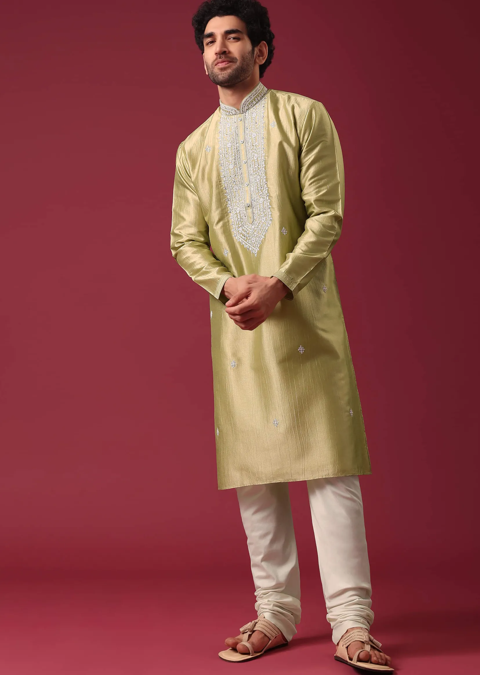 Gold Embroidered Kurta Set In Silk