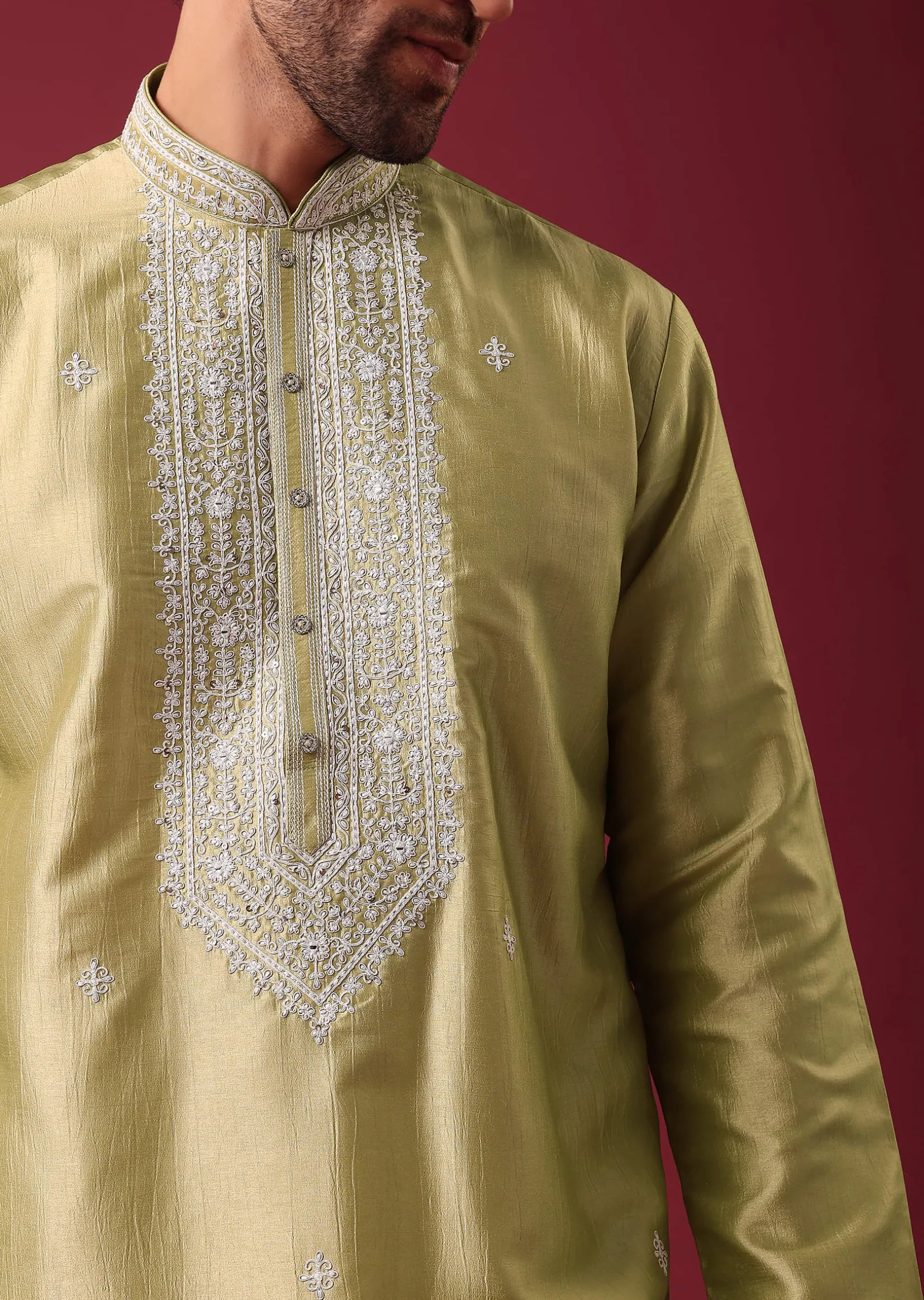 Gold Embroidered Kurta Set In Silk