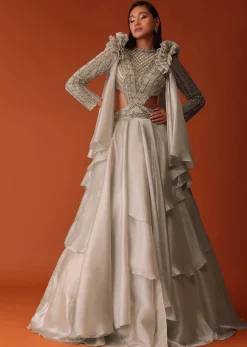 Gold Embroidered Western Bridal Gown In Organza With Shoulder Wings