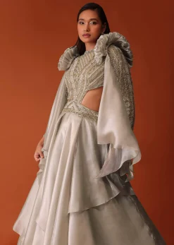Gold Embroidered Western Bridal Gown In Organza With Shoulder Wings