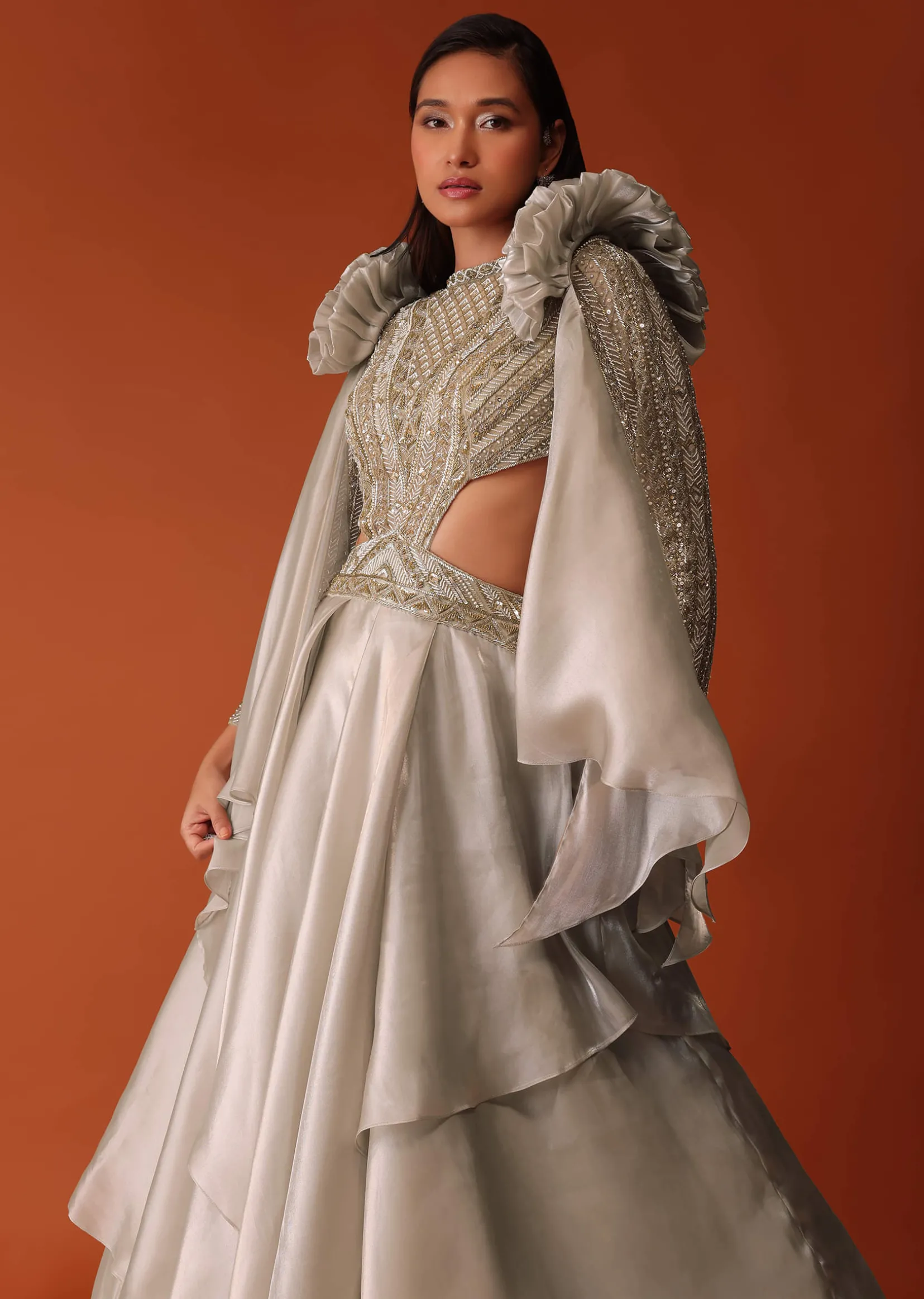 Gold Embroidered Western Bridal Gown In Organza With Shoulder Wings