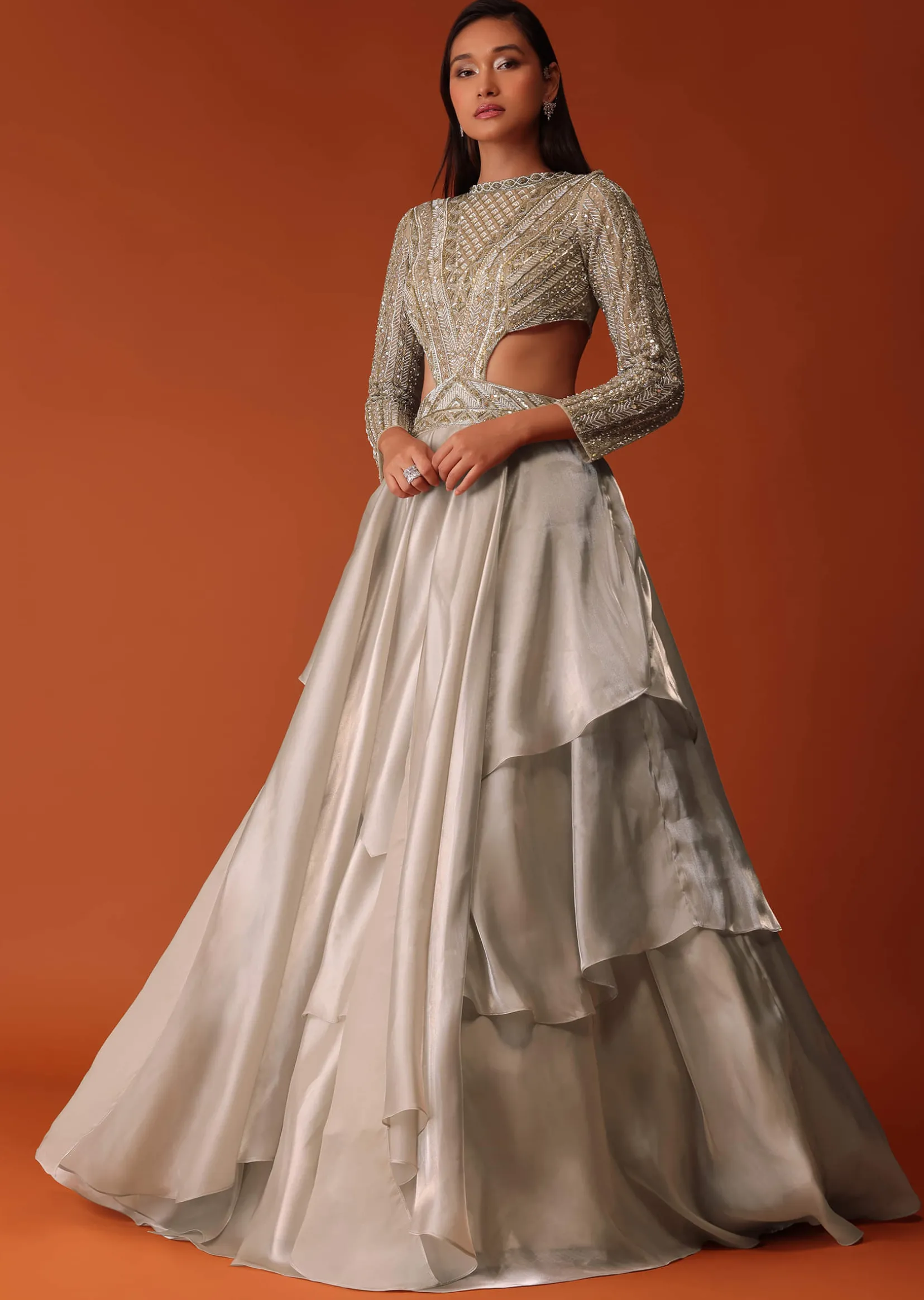 Gold Embroidered Western Bridal Gown In Organza With Shoulder Wings