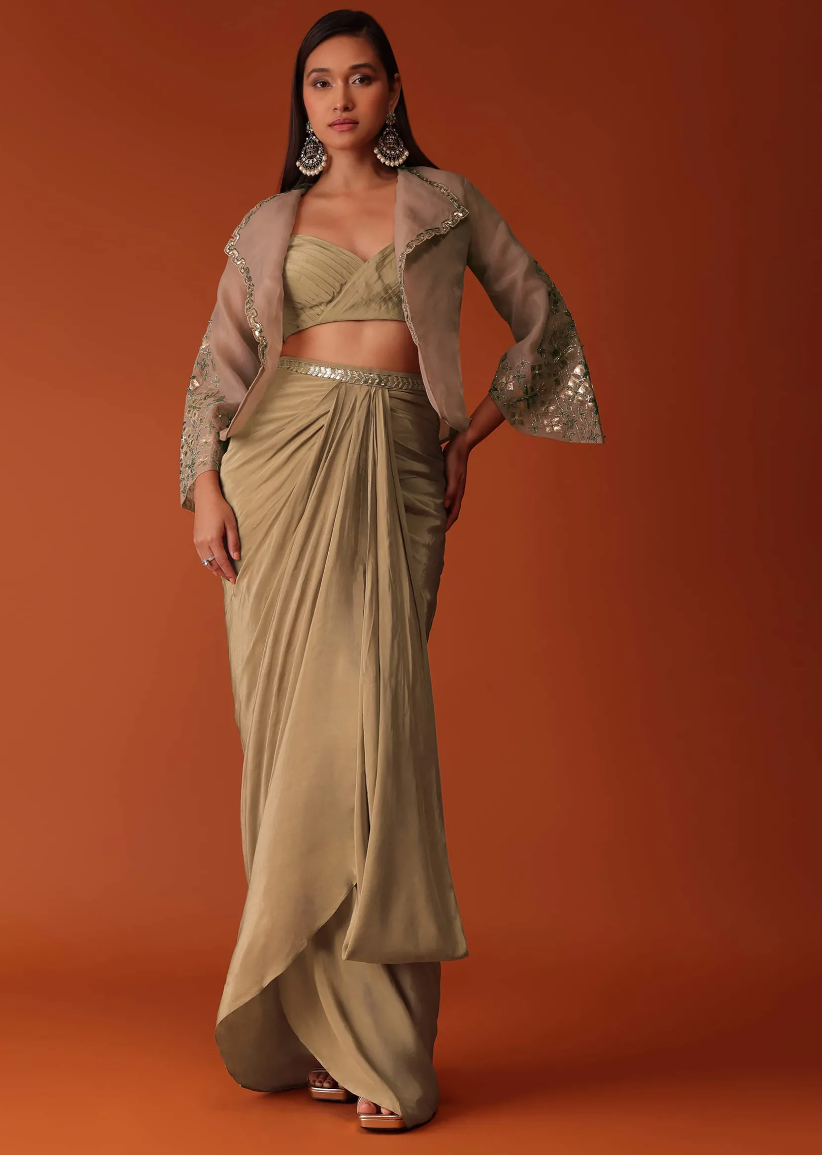 Gold Festive Dhoti Suit Set In Crepe With Foil Embroidery