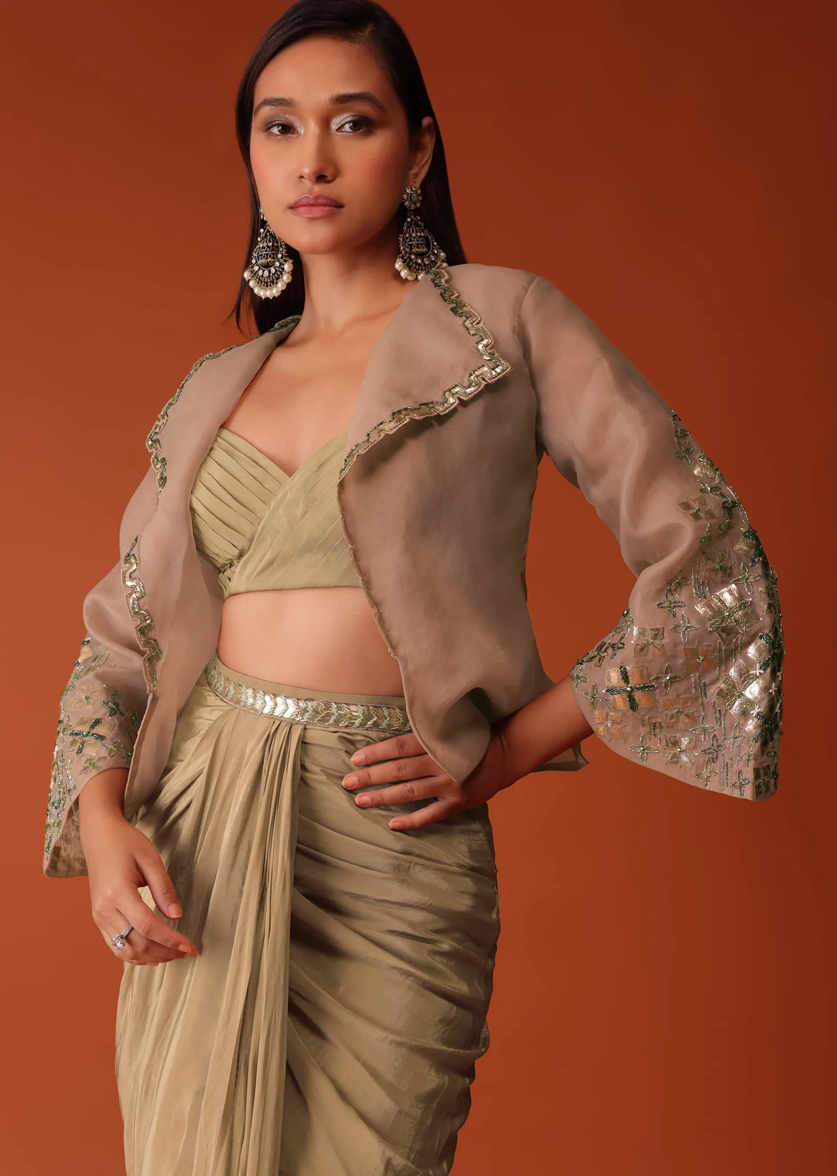 Gold Festive Dhoti Suit Set In Crepe With Foil Embroidery