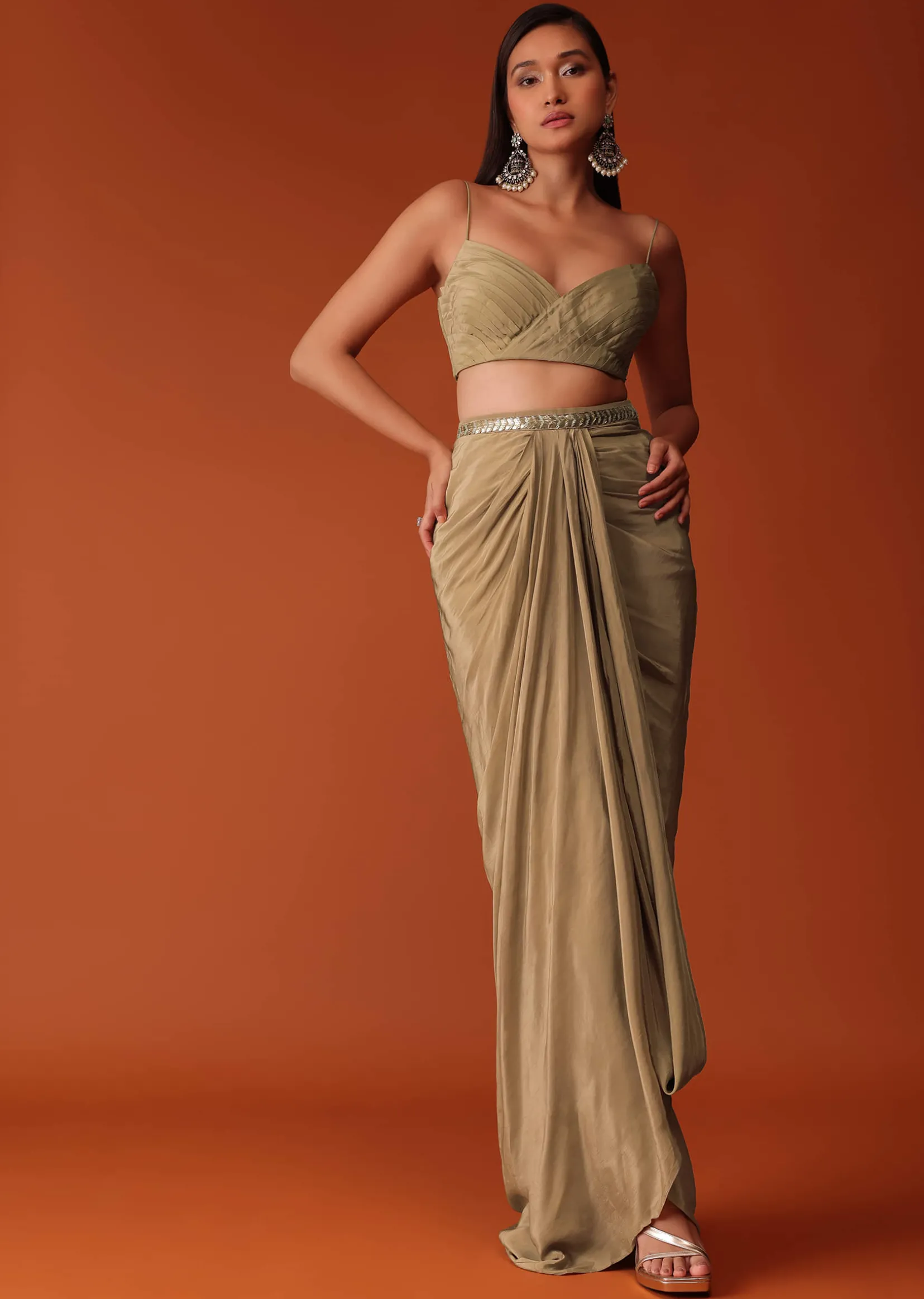 Gold Festive Dhoti Suit Set In Crepe With Foil Embroidery