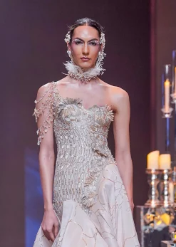 Gold Flared Ball Gown In Art Silk With Asymmetric Detail