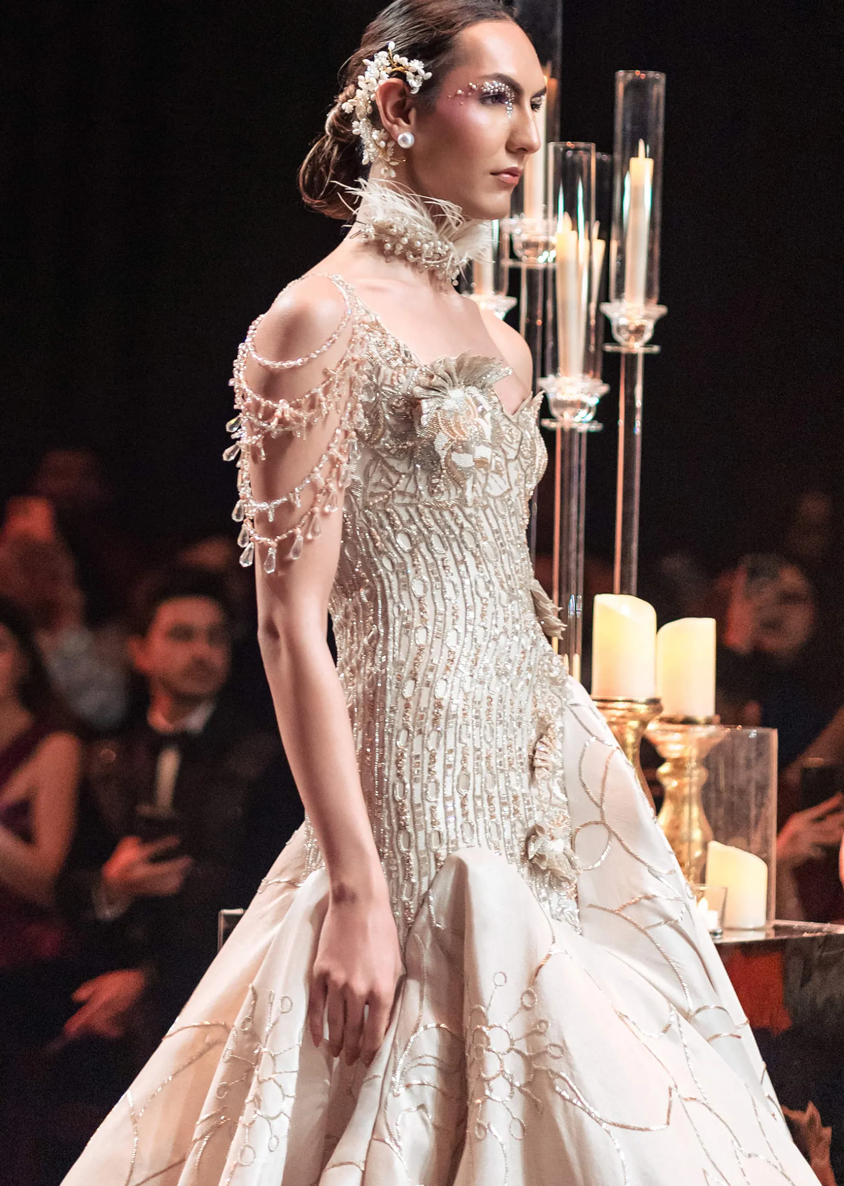 Gold Flared Ball Gown In Art Silk With Asymmetric Detail