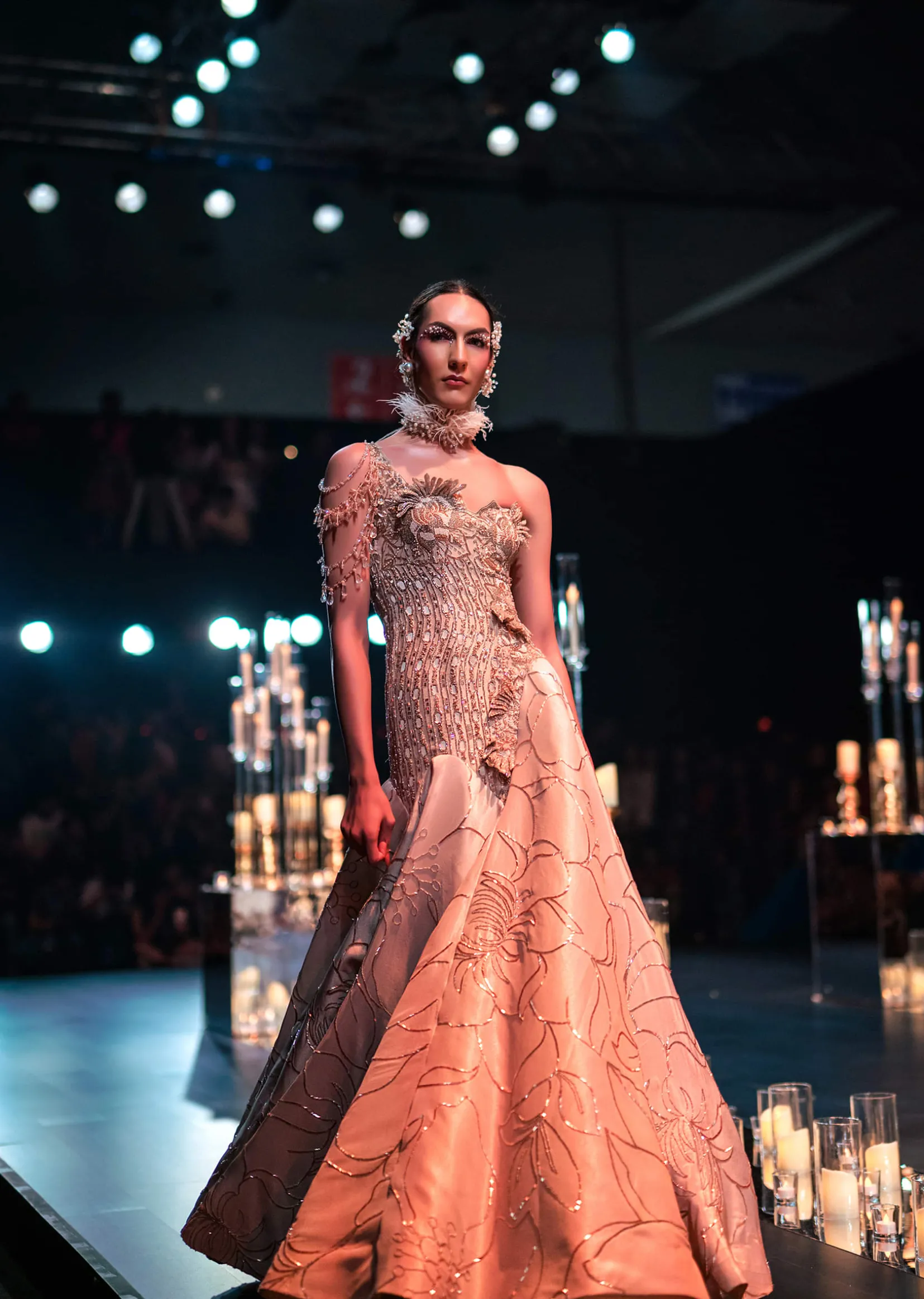 Gold Flared Ball Gown In Art Silk With Asymmetric Detail