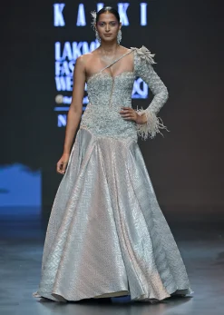 Gold Flared One Shoulder Gown With Asymmetric Detail And 3D Flower