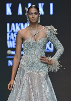 Gold Flared One Shoulder Gown With Asymmetric Detail And 3D Flower
