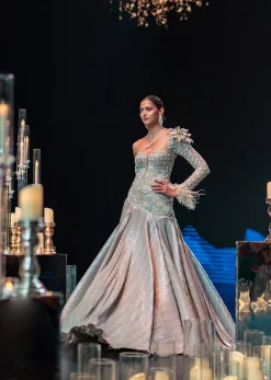 Gold Flared One Shoulder Gown With Asymmetric Detail And 3D Flower